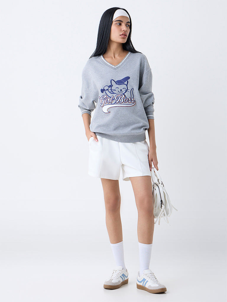 Westside Studiofit Women's Grey Text Detailed Sweatshirt for Winter Wear Full View