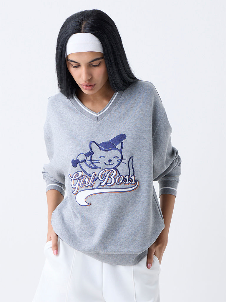 Westside Studiofit Women's Grey Text Detailed Sweatshirt for Winter Wear Front view