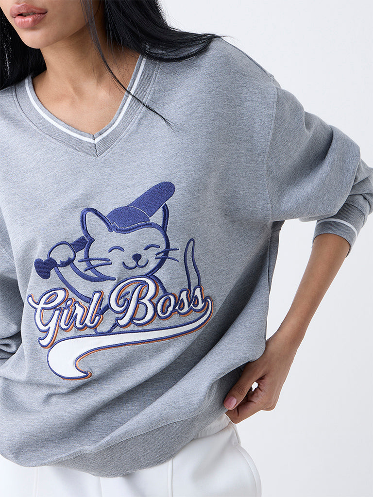 Westside Studiofit Women's Grey Text Detailed Sweatshirt for Winter Wear Zoomed View