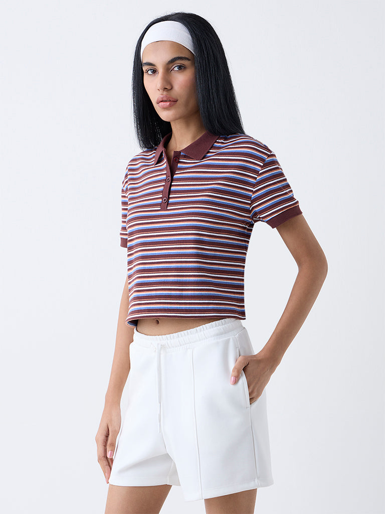 Polyester Blend Stripe Pattern Polo T-Shirt - Black