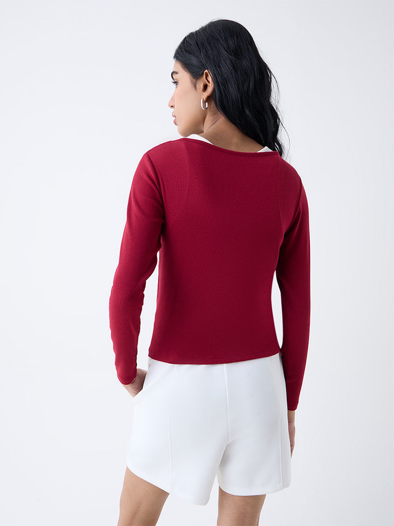 Studiofit Maroon Ribbed-Textured T-Shirt