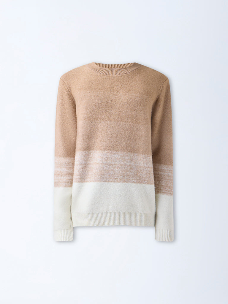 WES Casuals Beige Colour-Blocked Relaxed-Fit Sweater