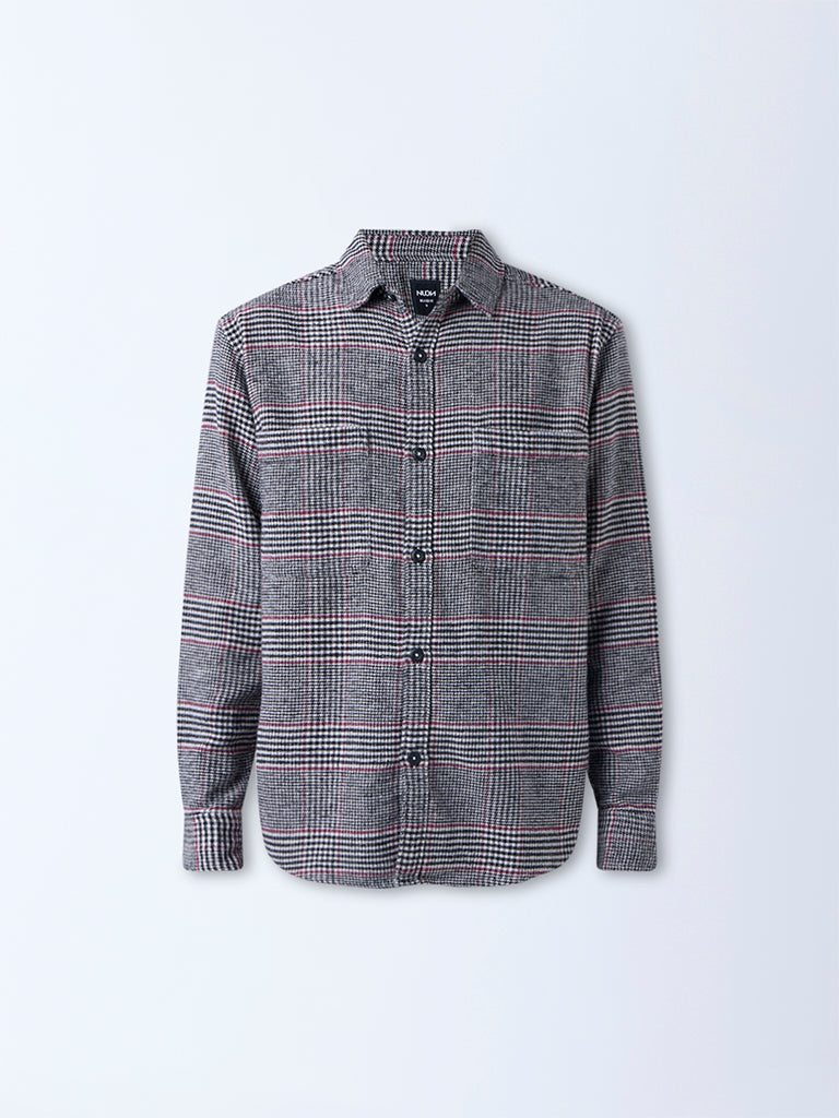 Nuon Black Checkered Pattern Relaxed-Fit Cotton Shirt