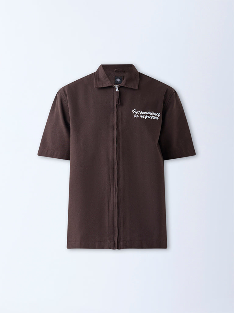 Nuon Dark Brown Text Pattern Relaxed-Fit Cotton Shirt