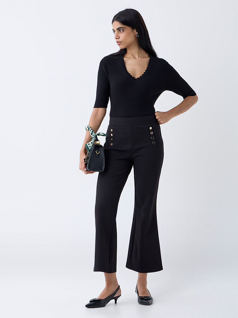 Wardrobe Black Button-Detailed High-Rise Flared Pants
