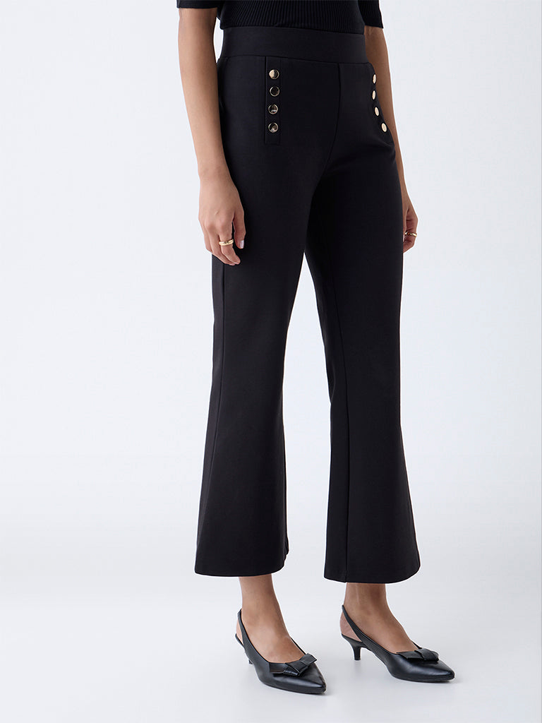 Wardrobe Black Button-Detailed High-Rise Flared Pants