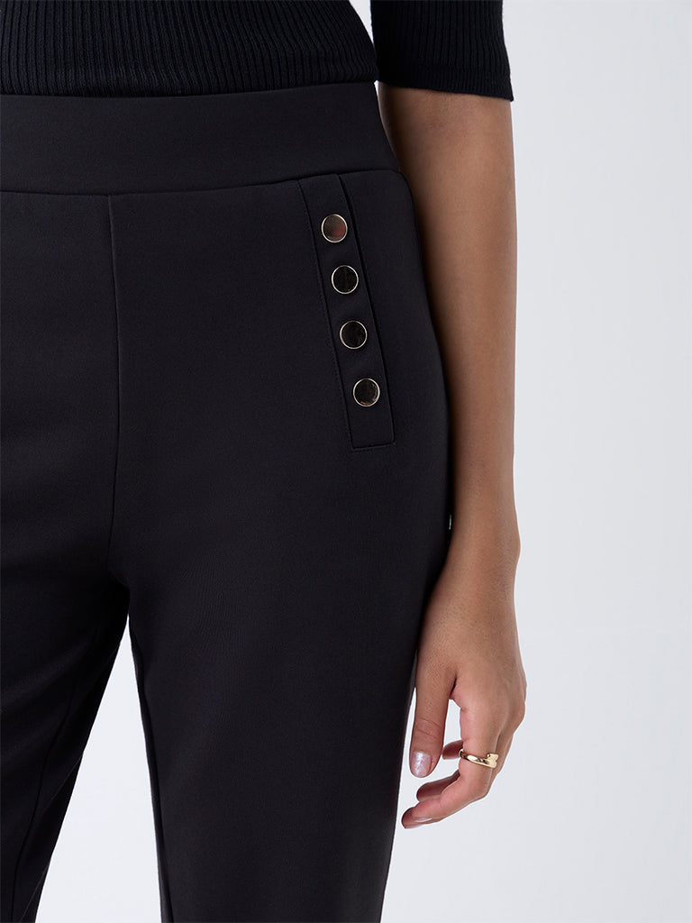 Wardrobe Black Button-Detailed High-Rise Flared Pants
