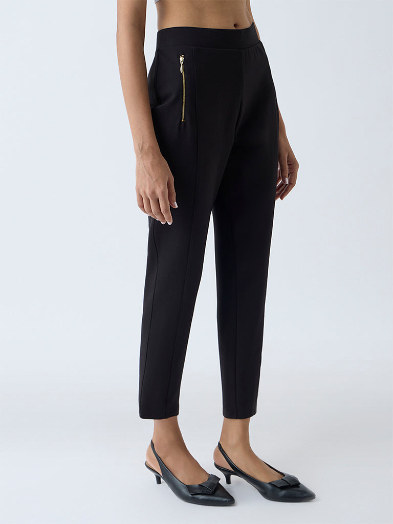 black slim cigarette trousers Buy Wardrobe Black High-Rise Cigarette Trousers from Westside