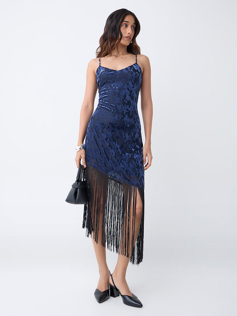 LOV Navy Fringe-Detailed Velvet Bodycon Dress