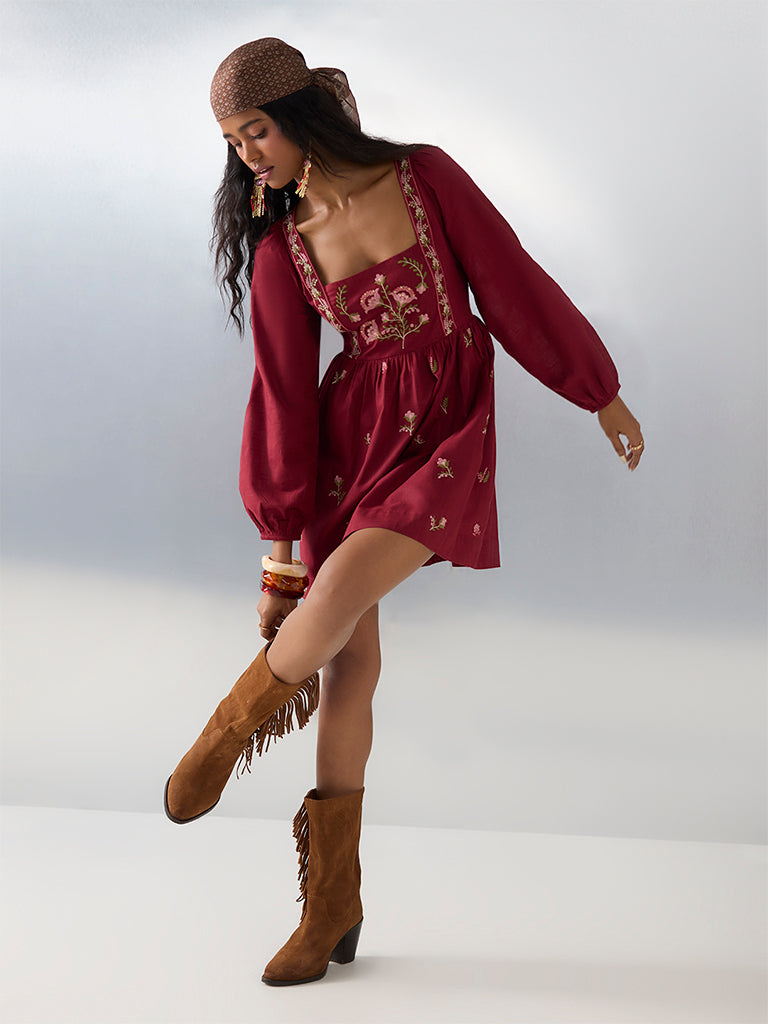 Bombay Paisley Red Floral Embroidered Cotton A-Line Dress