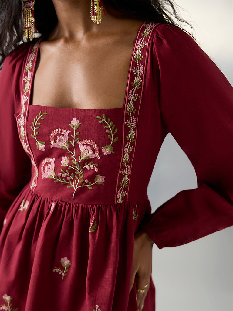 Bombay Paisley Red Floral Embroidered Cotton A-Line Dress