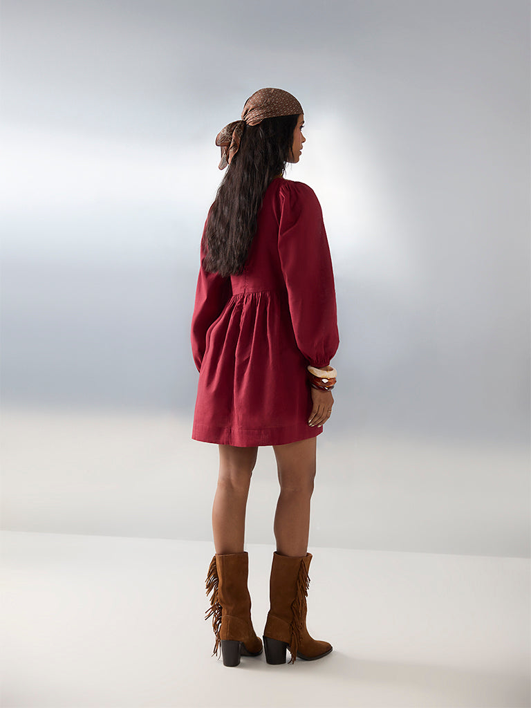 Bombay Paisley Red Floral Embroidered Cotton A-Line Dress