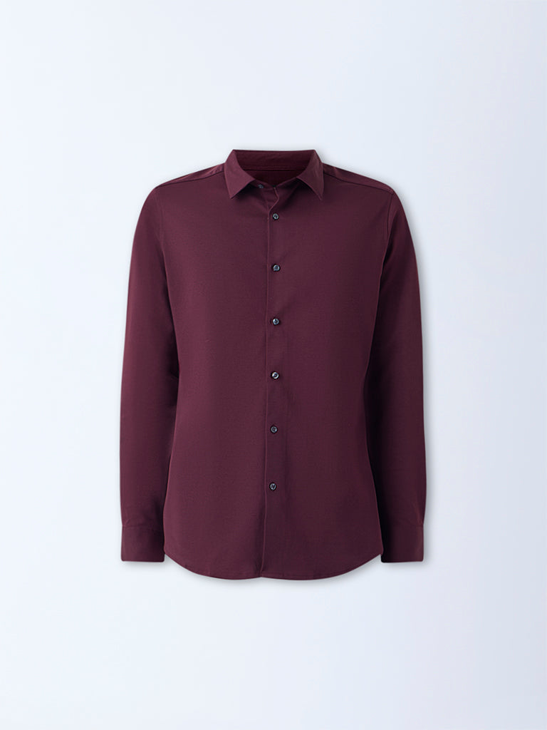 WES Formals Wine Slim-Fit Cotton-Blend Shirt
