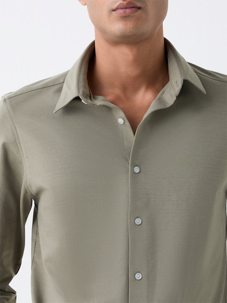 WES Formals Sage Solid Slim-Fit Cotton-Blend Shirt