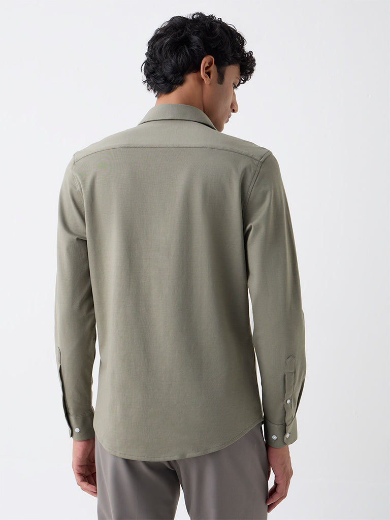 WES Formals Sage Solid Slim-Fit Cotton-Blend Shirt