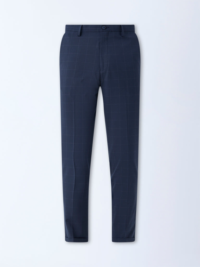 WES Formals Navy Checks Pattern Slim-Fit Mid-Rise Trousers