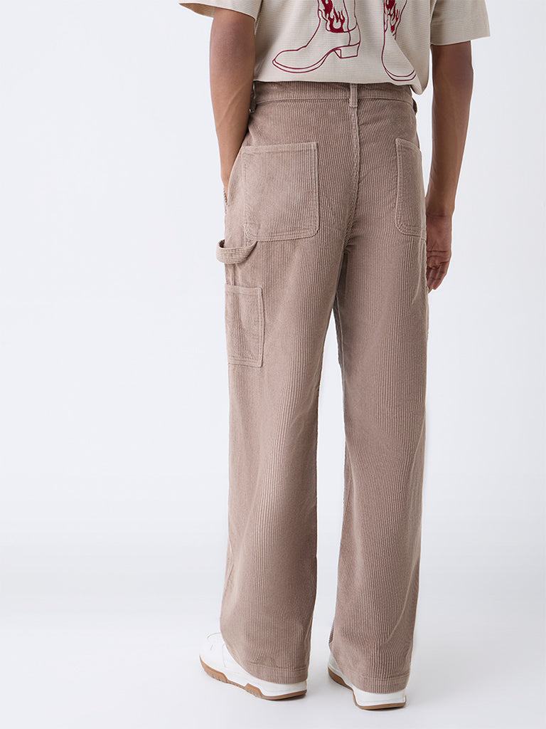 Nuon Light Brown Relaxed-Fit Mid-Rise Corduroy Trousers