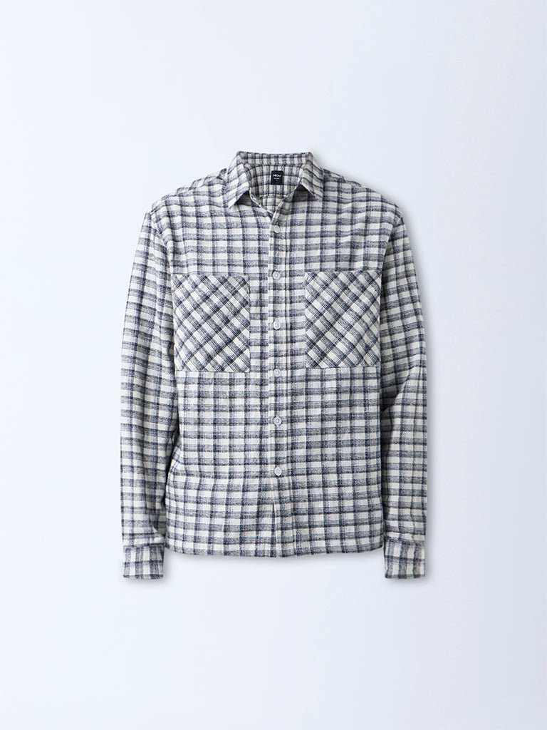 Nuon Off-White Checkered Pattern Relaxed-Fit Cotton Shirt