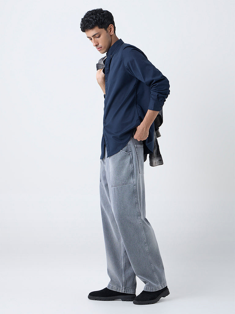 Buy Nuon Navy Solid Slim-Fit Cotton Shirt from Westside