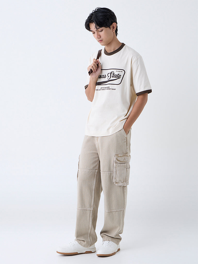 Nuon Beige Text Design Relaxed-Fit Cotton T-Shirt