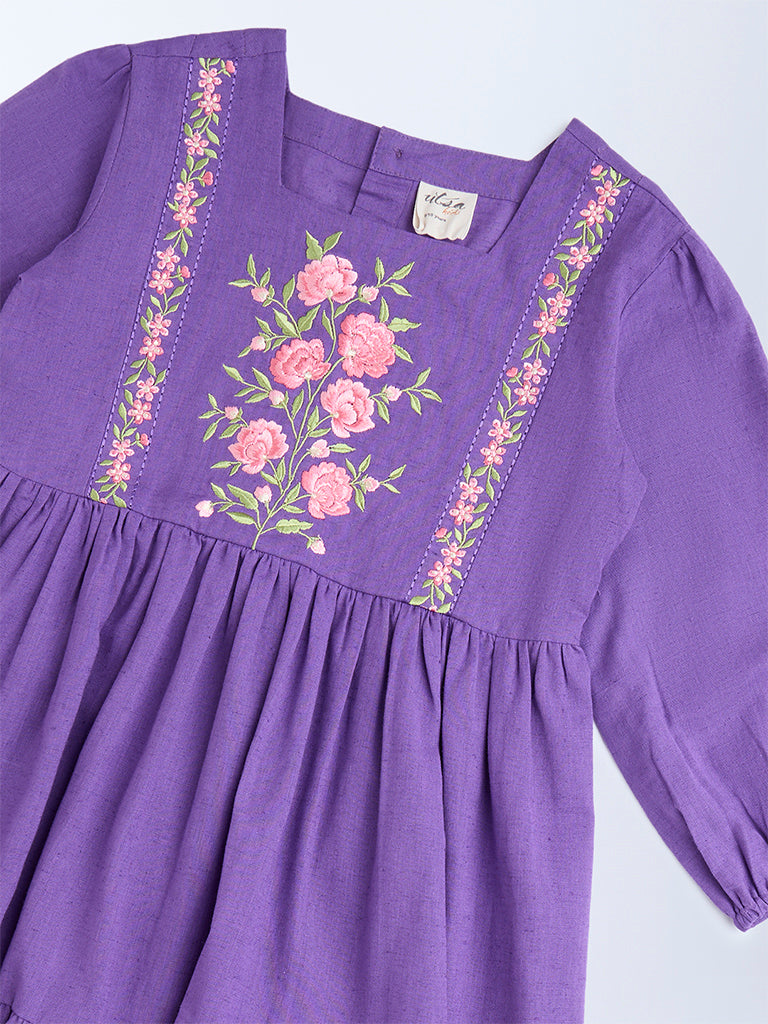 Utsa Kids Purple Floral Embroidered Cotton-Blend Tiered Dress - (8-14yrs)