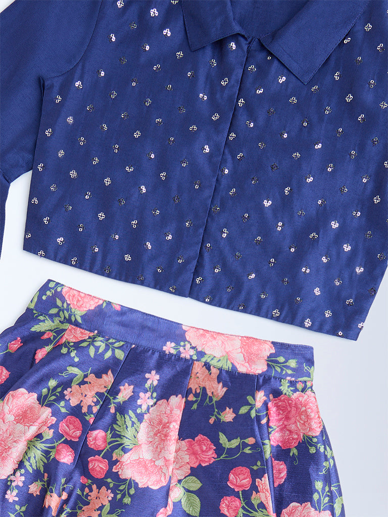 Utsa Kids Navy Floral Detailed Ethnic Set - (8-14yrs)