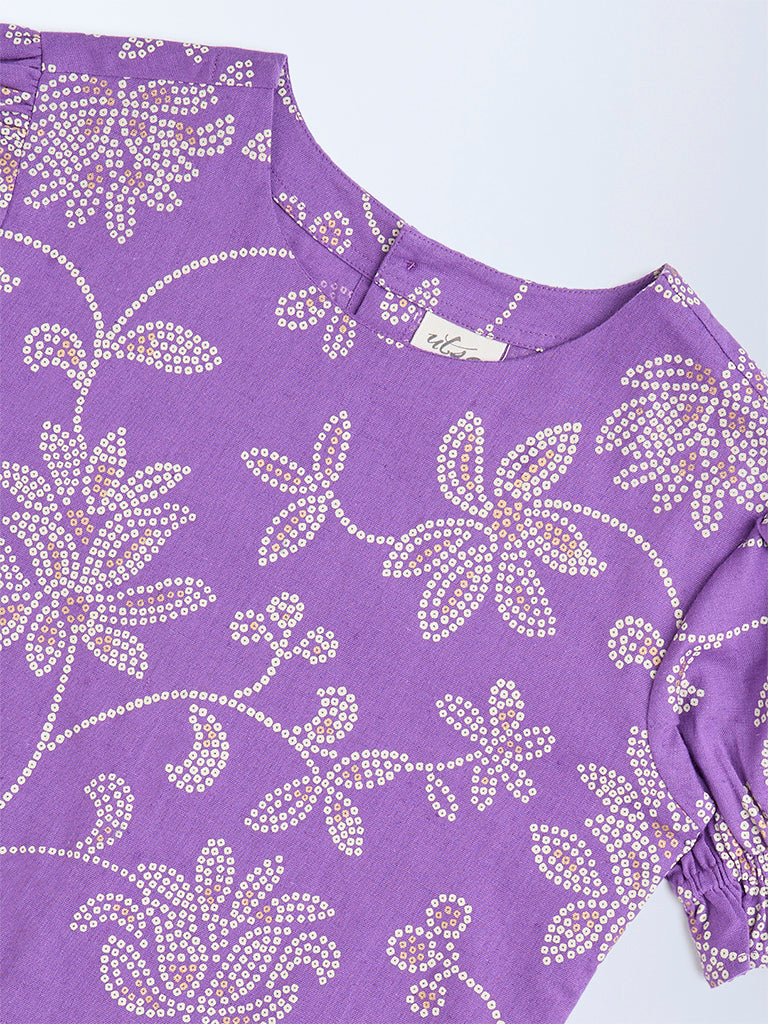 Utsa Kids Purple Bandhani Floral Cotton-Blend Top - (8-14yrs)