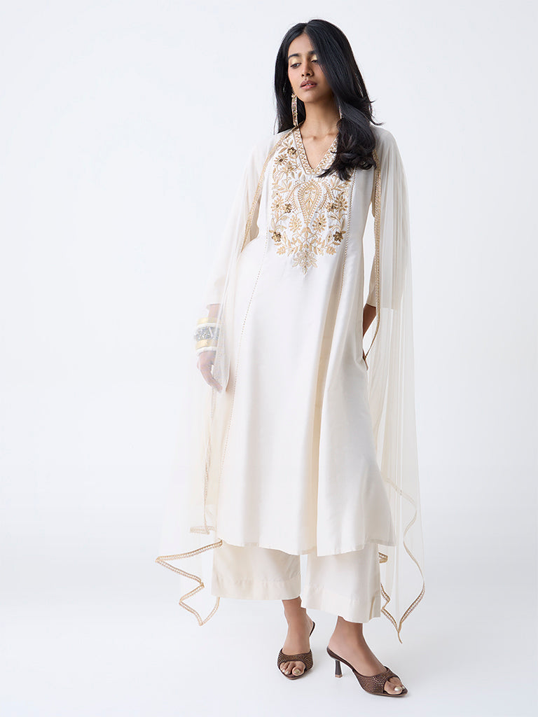 Westside Vark Women's White Embroidered Anarkali Ethnic Set for Festival Wear Front view