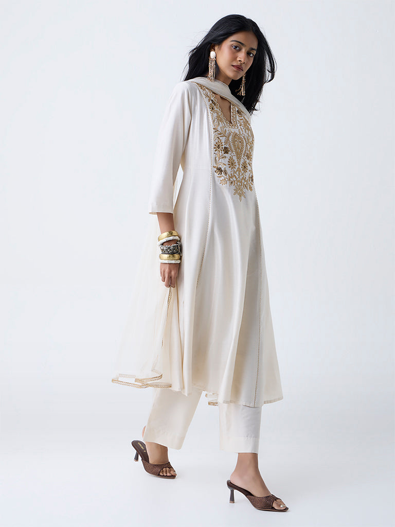 Westside Vark Women's White Embroidered Anarkali Ethnic Set for Festival Wear Full View