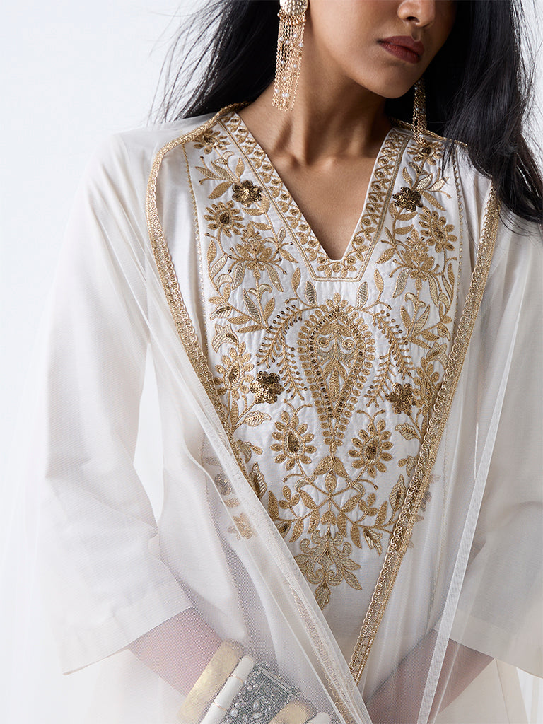 Westside Vark Women's White Embroidered Anarkali Ethnic Set for Festival Wear Zoomed View