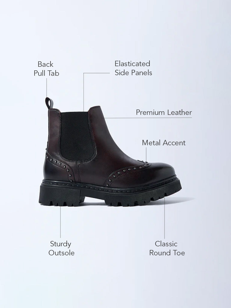LUNA BLU Burgundy Stud-Detailed Chelsea Leather Boots