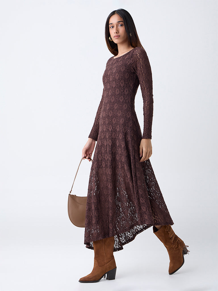 LOV Dark Brown Lace Detailed Midi Dress
