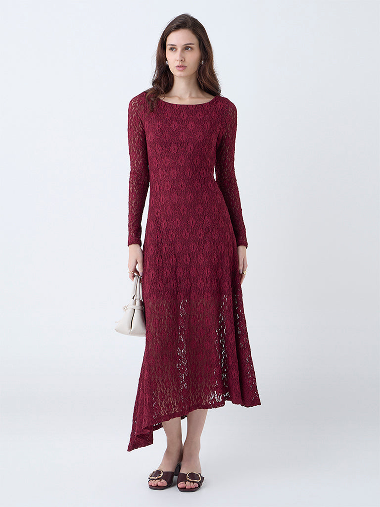 Buy LOV Burgundy Floral Lace Detailed Fishtail Dress from Westside