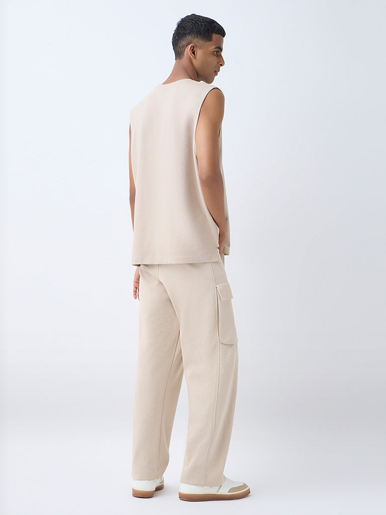 Studiofit Beige Relaxed-Fit Mid-Rise Cotton-Blend Track Pants