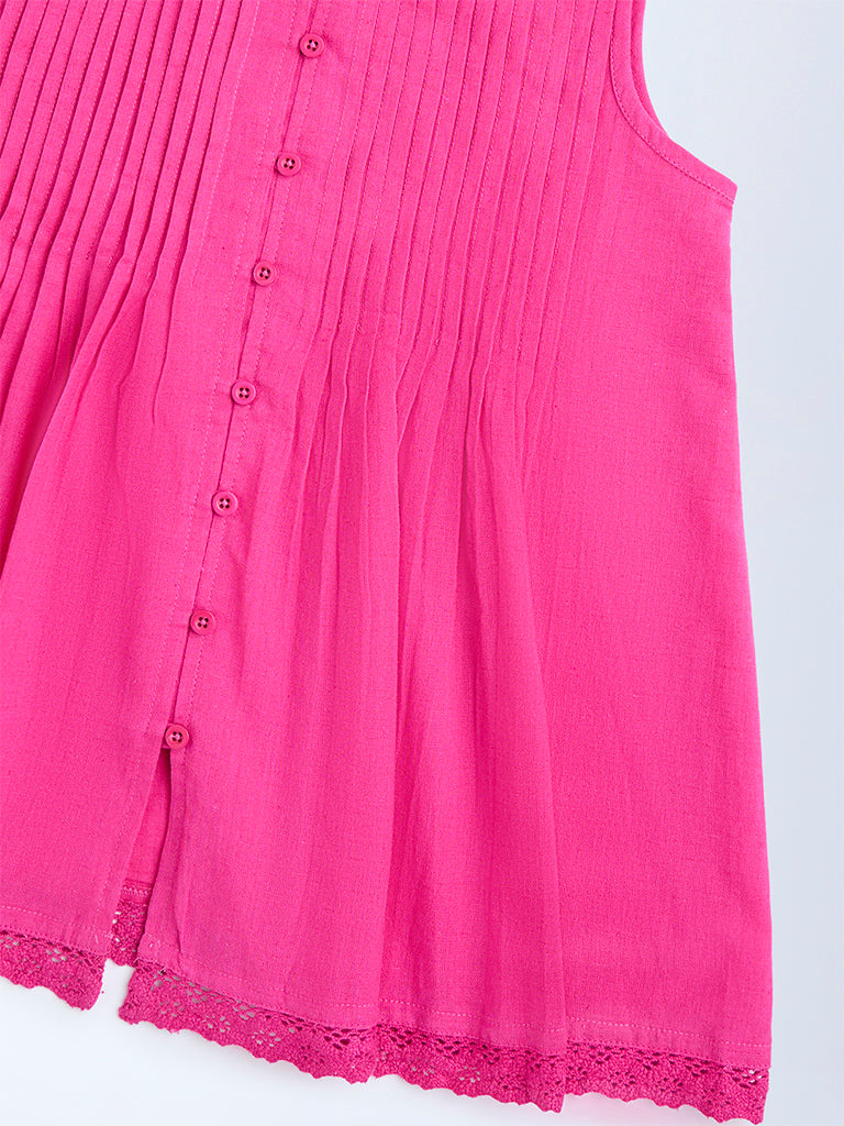 Utsa Kids Pink Pintuck Detailed Cotton-Blend Dress - (8-14yrs)