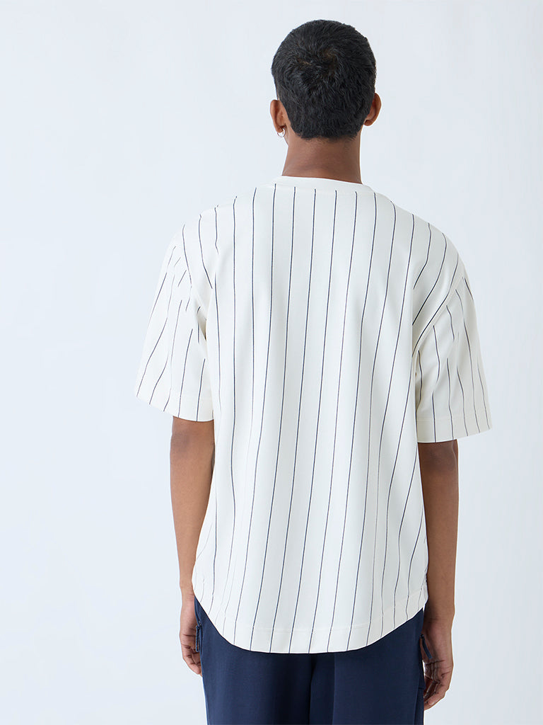 Westside Studiofit Men's White Striped Relaxed-Fit Cotton-Blend T-Shirt for Sports Wear Back View