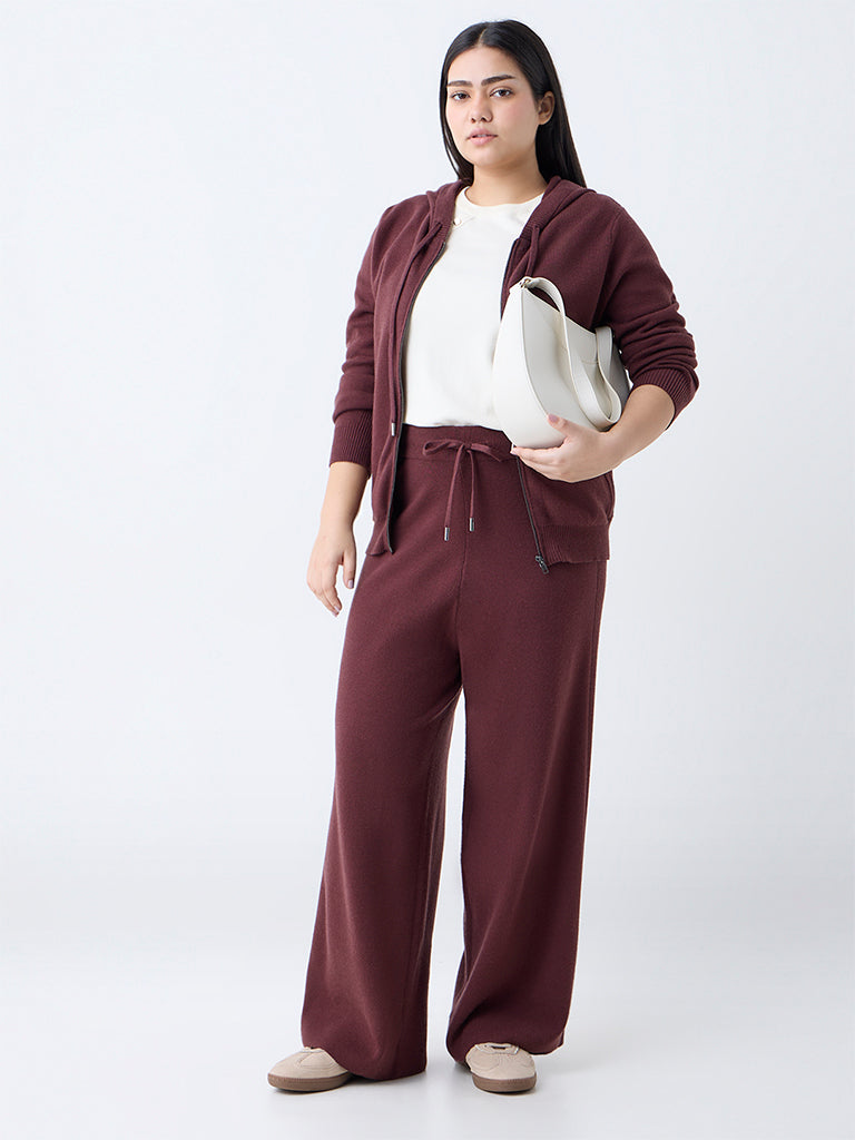 Westside Gia Women's Brown Ribbed High-Rise Pants for Casual Wear Full View