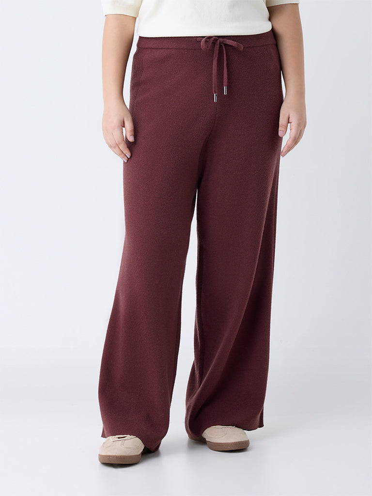 Westside Gia Women's Brown Ribbed High-Rise Pants for Casual Wear Front view