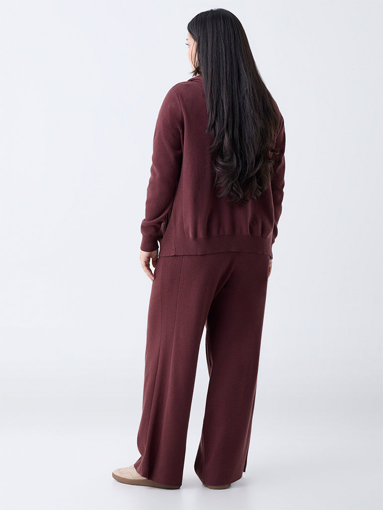Westside Gia Women's Brown Ribbed High-Rise Pants for Casual Wear Back View