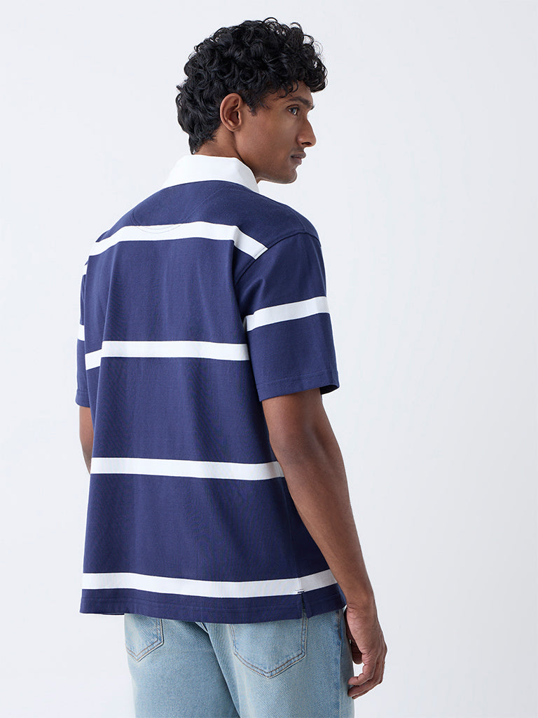 WES Casuals Navy Relaxed Fit Cotton-Blend Polo T-Shirt