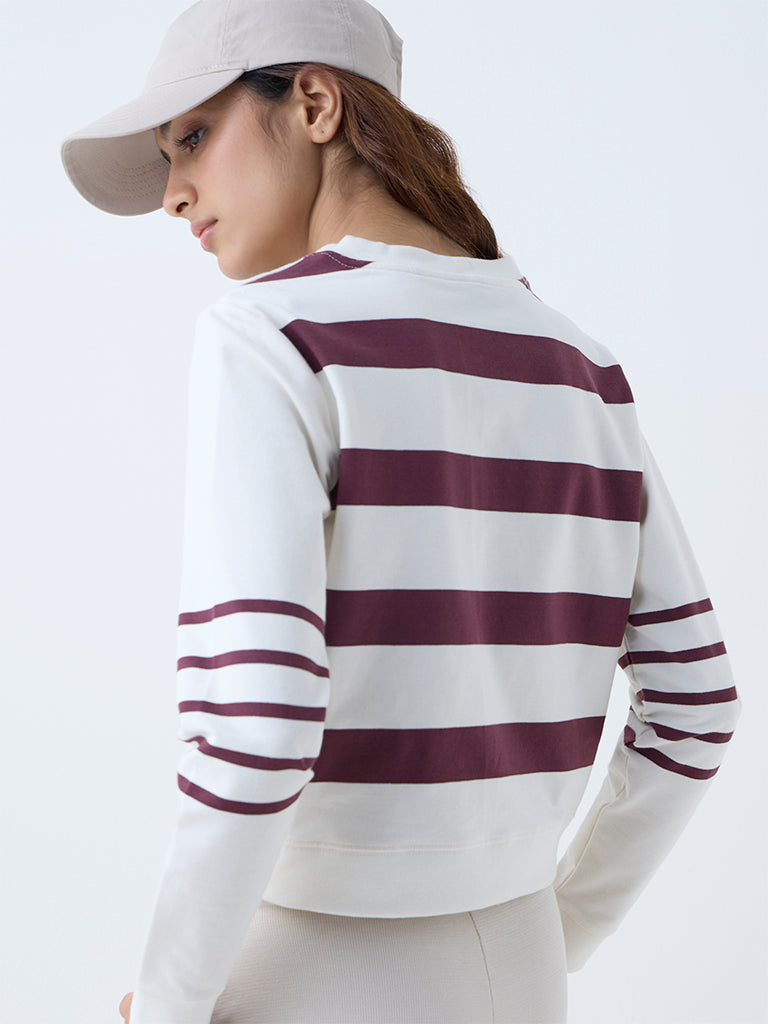 Westside Studiofit Women's Cream Striped Cotton-Blend T-Shirt for Sports Wear Back View