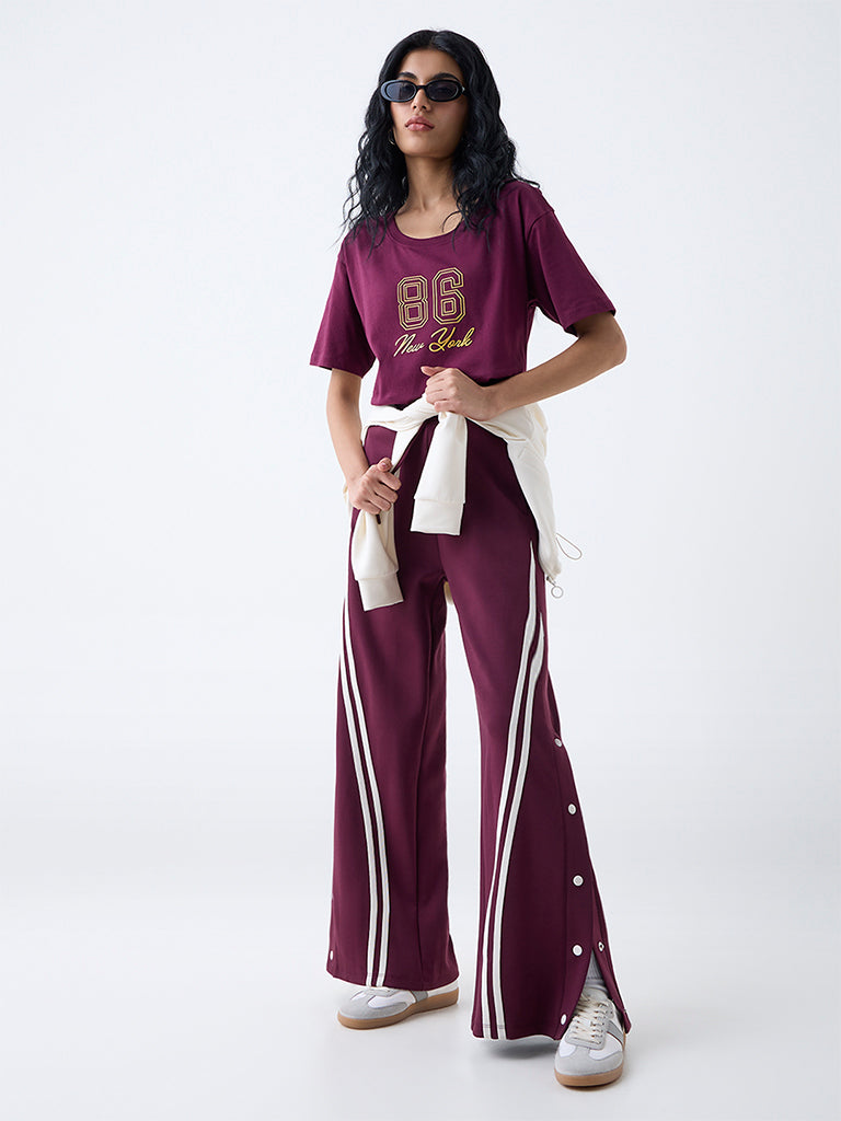 Studiofit Plum Printed Cotton T-Shirt