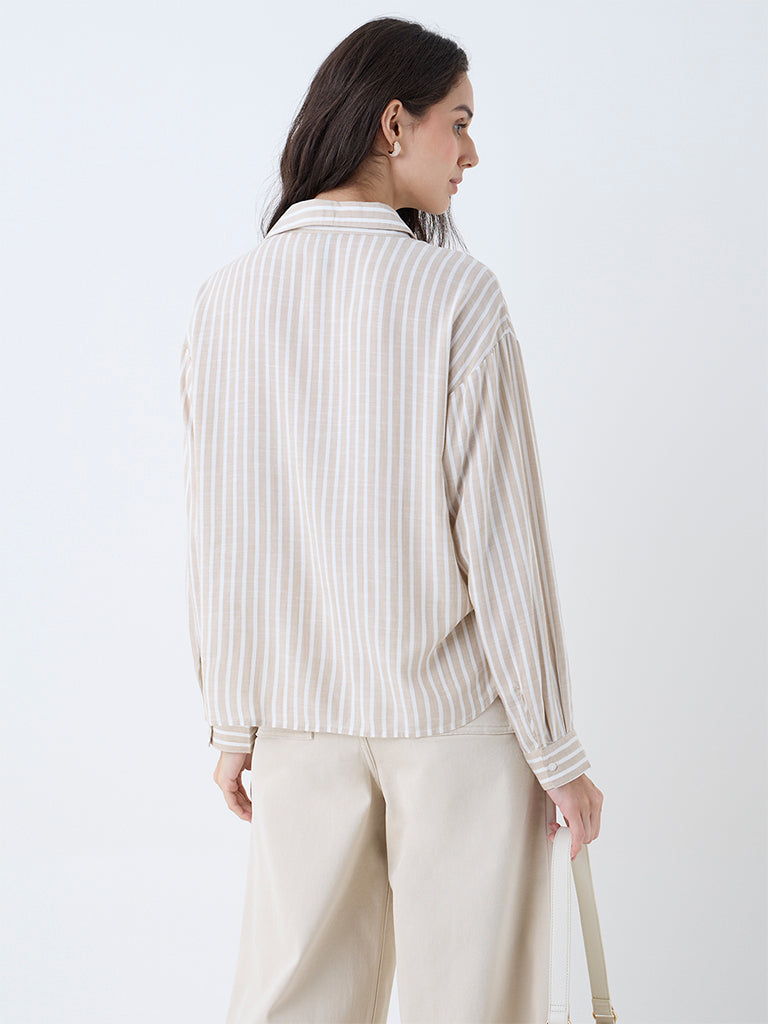 Westside LOV Women's Beige Stripes Shirt for Casual Wear Back View