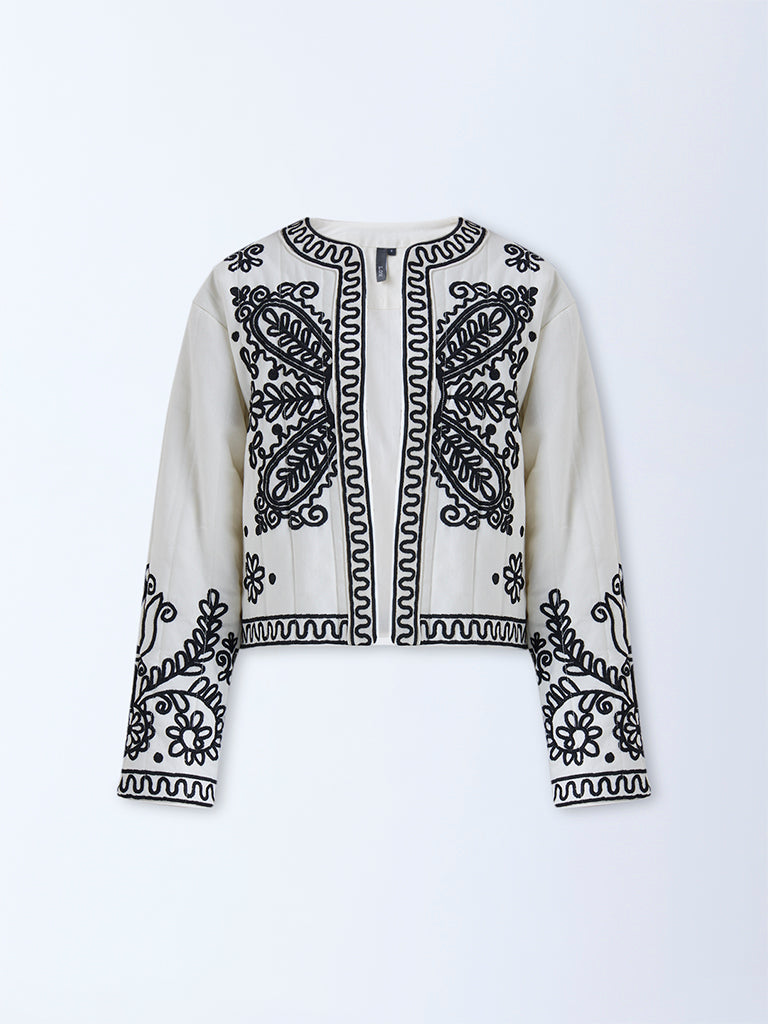 LOV Cream Embroidered Cotton Quilted Jacket