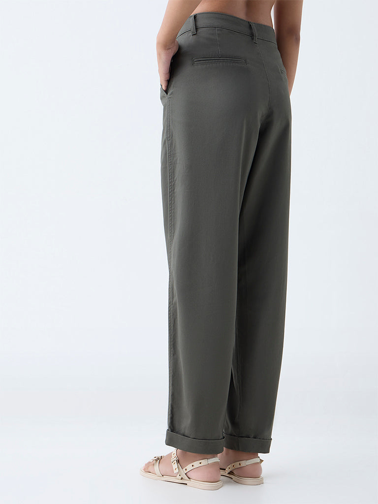 Westside LOV Women's Olive High-Rise Cotton-Blend Trousers for Casual Wear Back View
