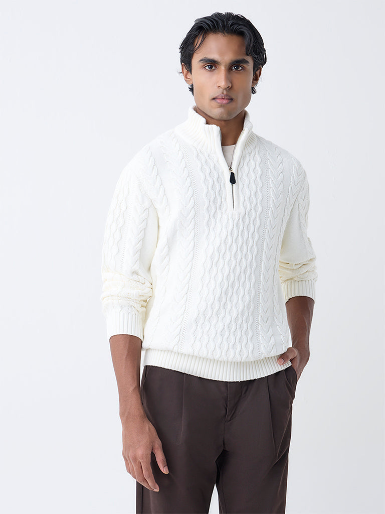 Buy Ascot Off-White Relaxed Fit Three-Quarter Zip Sweater from