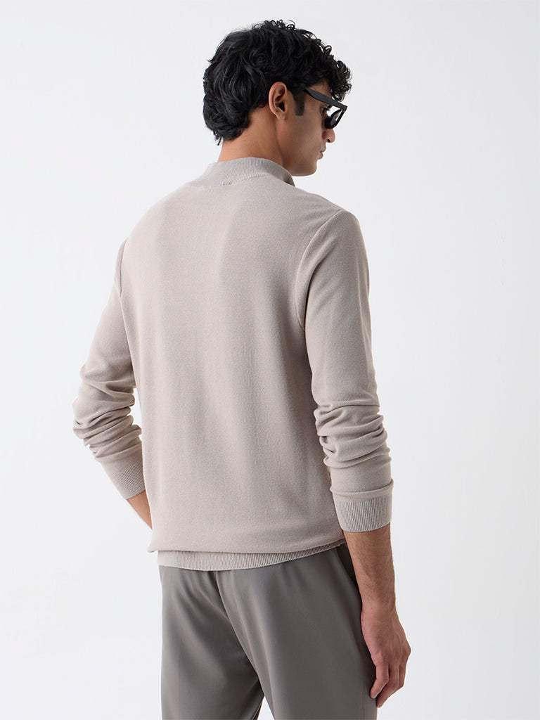 WES Formals Taupe Knitted Slim-Fit Quarter-Zip Sweater