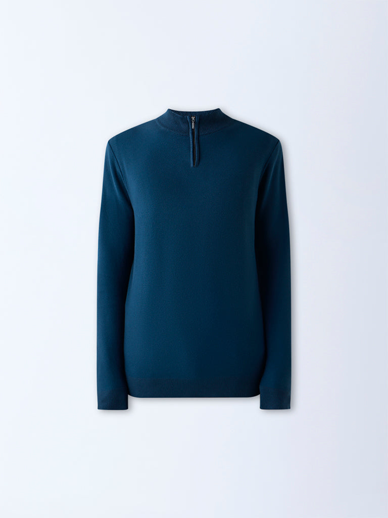 WES Formals Teal Knit-Textured Slim-Fit Quarter Zip Sweater