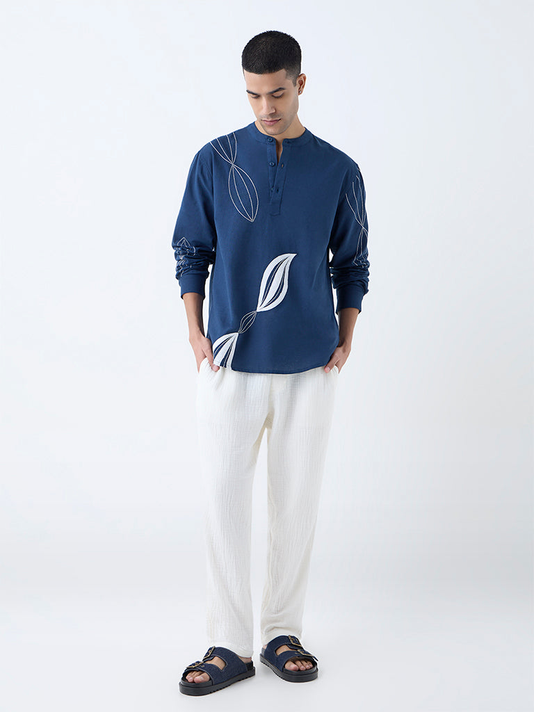 ETA Indigo Embroidered Relaxed-Fit Cotton-Blend Shirt