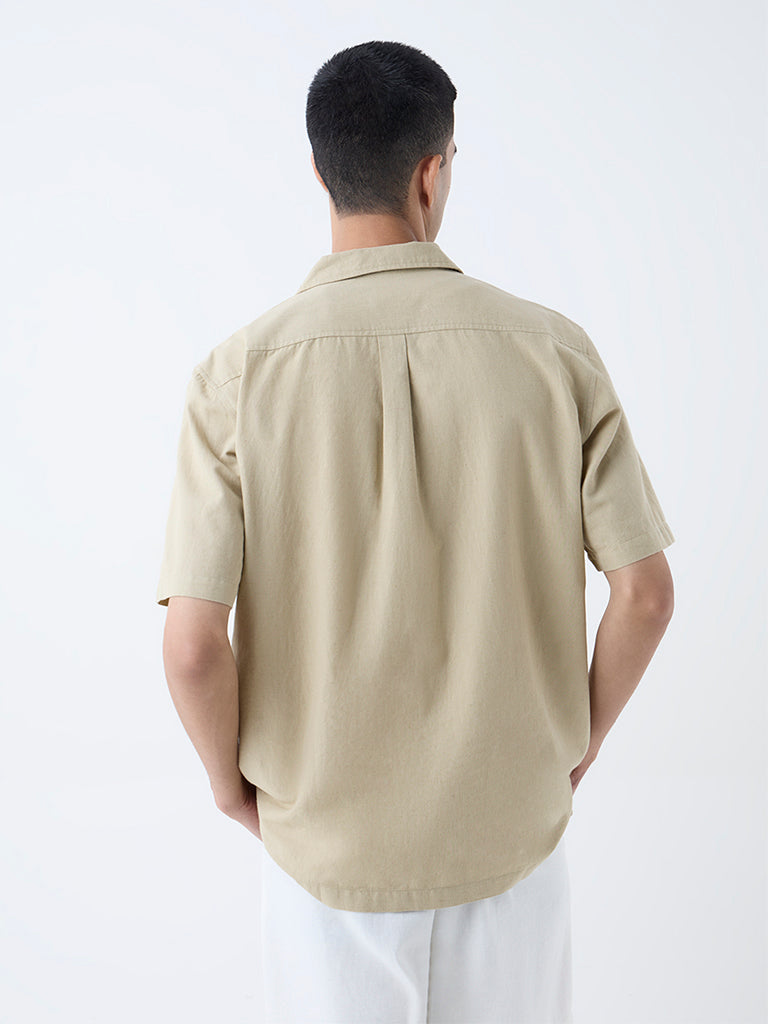 ETA Taupe Embroidered Relaxed-Fit Cotton-Blend Shirt